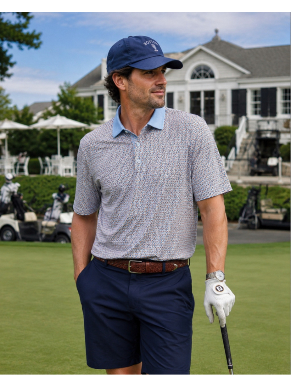 Walter Hagen Clubhouse 19th Hole Performance Polo | Blue & Orange Print| XL, NWT